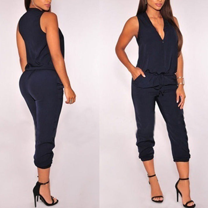 Summer Sexy V Neck Jumpsuit Long Pants Solid Rompers Women's Sleeveless One Piece Bodysuit