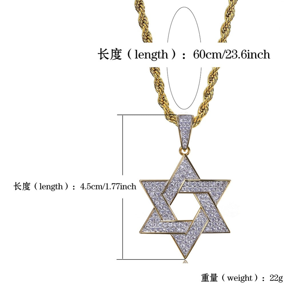 Hip Hop Zirconia Stone Star Of David Pendant Necklaces