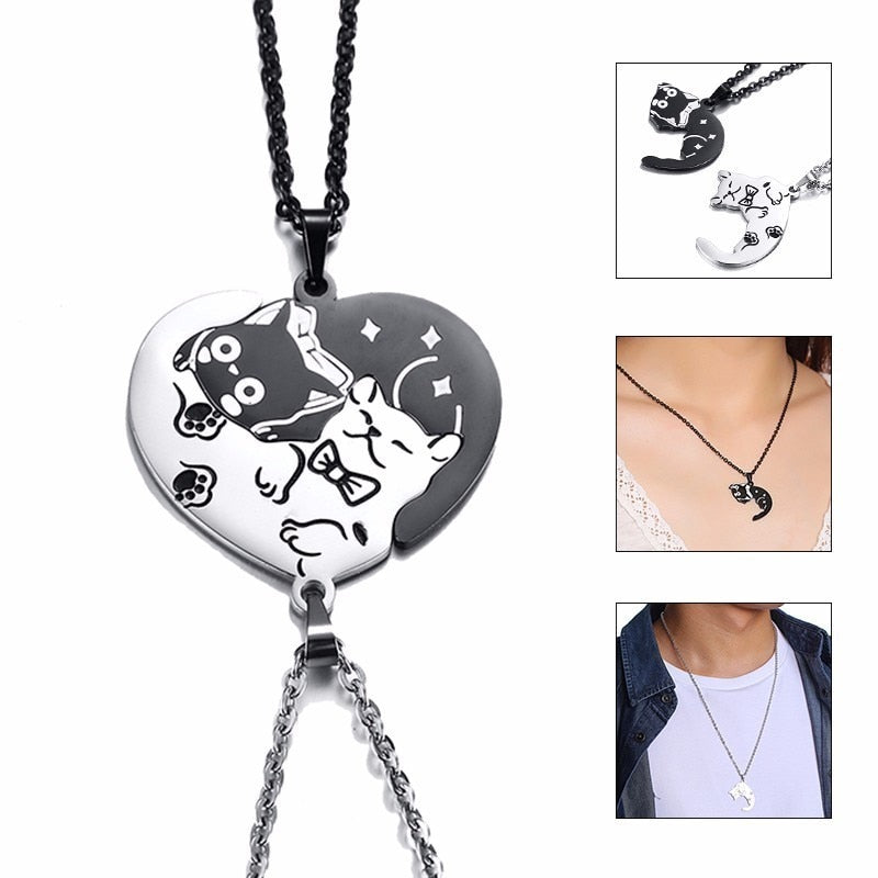 2 Pcs/Set Cute Cat Dog Shape Heart Puzzle Couples Necklaces Pendants Lover Promise Keepsake Gifts