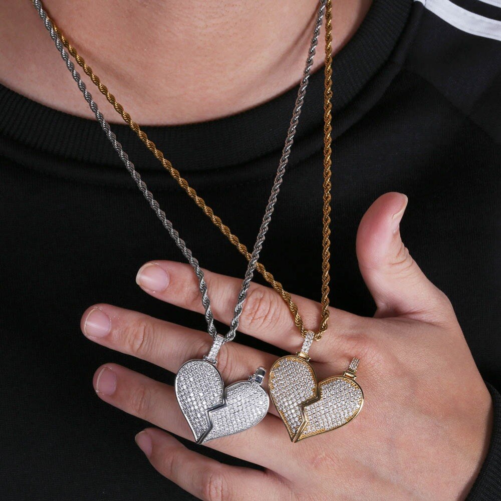 Heart Broken With Magnet Iced Out Pendant Necklace Mens/Women Hip Hop Gold Silver Color Jewelry