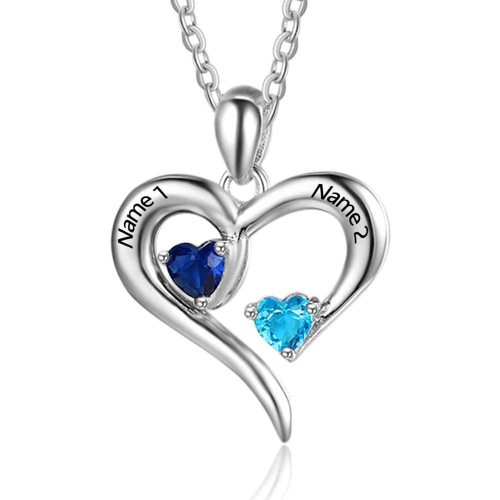 Collana a cuore in argento sterling 925 con 2 pietre portafortuna personalizzate con incisione del nome