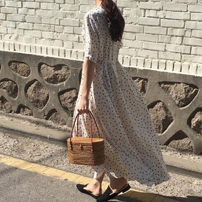 Polka Dot Slim Waist Bandage Long Dress Female Vintage Vestidos with Belt Sundress