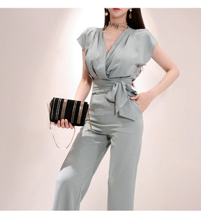 2 Pieces Set Women V-neck Lace Up Tops & High Waist Wide Leg Pants OL Style