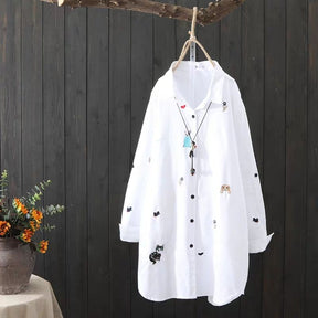 Plus size Cotton Embroidery women loose long white shirts casual ladies blouse