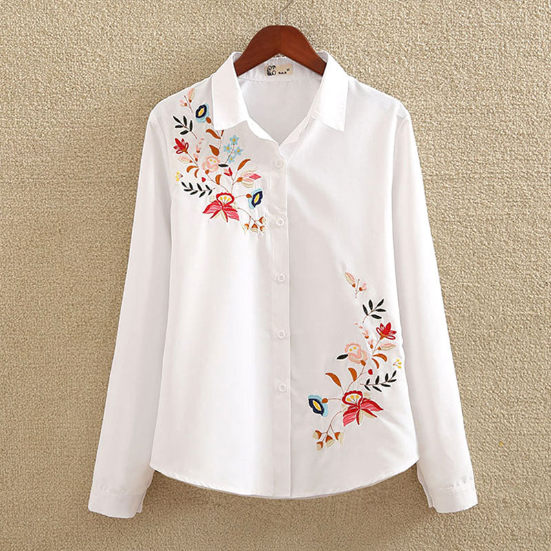 Floral Embroidered Blouse Shirt Women Slim White Tops Long Sleeve Blouses plus size