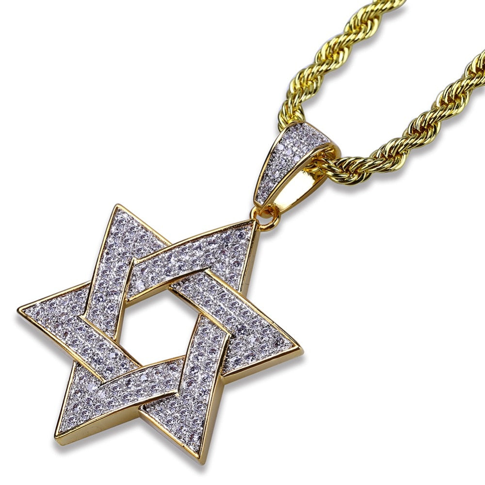 Hip Hop Zirconia Stone Star Of David Pendant Necklaces