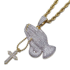 Iced Out Praying Hand Pendant Necklace With Cross Gold Silver Color Hip Hop Necklace