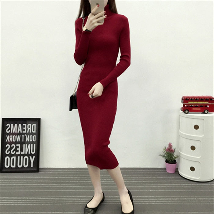 Abito da donna in maglia con collo alto in maglione Abiti aderente a maniche lunghe con maniche lunghe Vestidos