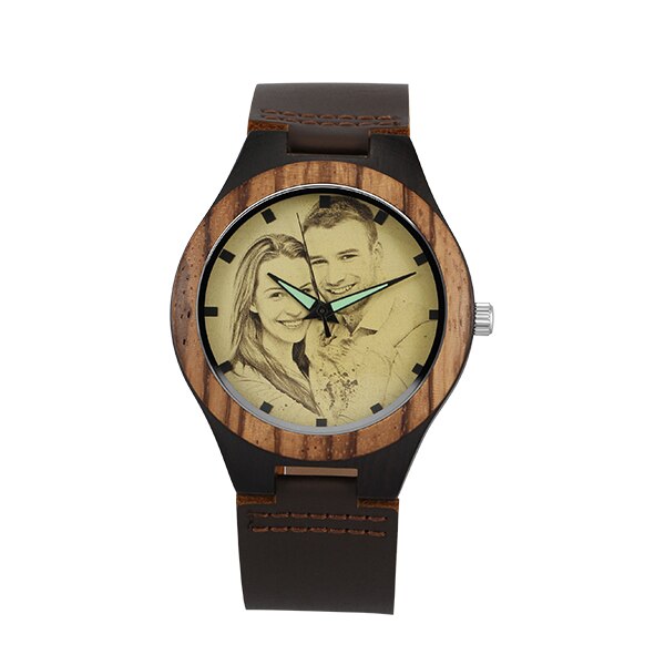 Orologio personalizzato personalizzato con foto in legno di ebano, orologio con incisione, cinturino in pelle, orologi al quarzo unici