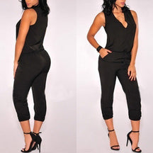 Summer Sexy V Neck Jumpsuit Long Pants Solid Rompers Women's Sleeveless One Piece Bodysuit