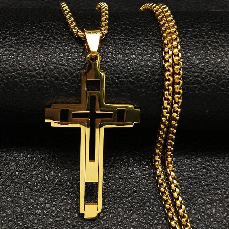 Cross Stainless Fashion Steel Choker Necklace for Men Gold and Silver Color Statement Necklace