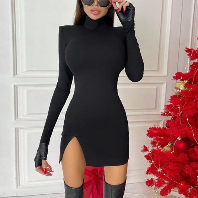 Women Spring Autumn Long Sleeve Bodycon Soild Color Black Slim Package Hip Mini Dress