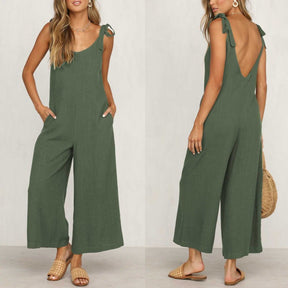 Women Sleeveless Rompers Loose Jumpsuit O Neck Casual Backless Overalls Trousers Wide Leg Pants