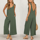 Women Sleeveless Rompers Loose Jumpsuit O Neck Casual Backless Overalls Trousers Wide Leg Pants