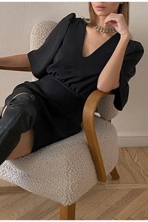 black short sleeve summer women dress 2022 Sexy V-neck solid High Street dress A-line mini Vestido