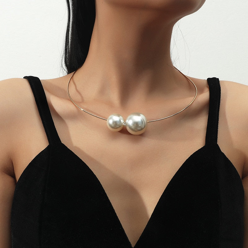 Water-wave Pearl Necklace For Women Charming Big Metal Geometric Statement Collar Necklace