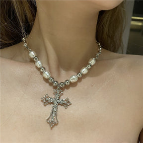 Bling Kreuz Anhänger Halsketten für Frauen Mädchen Geschenk Hochzeit Halsschmuck Goth Perlenkette