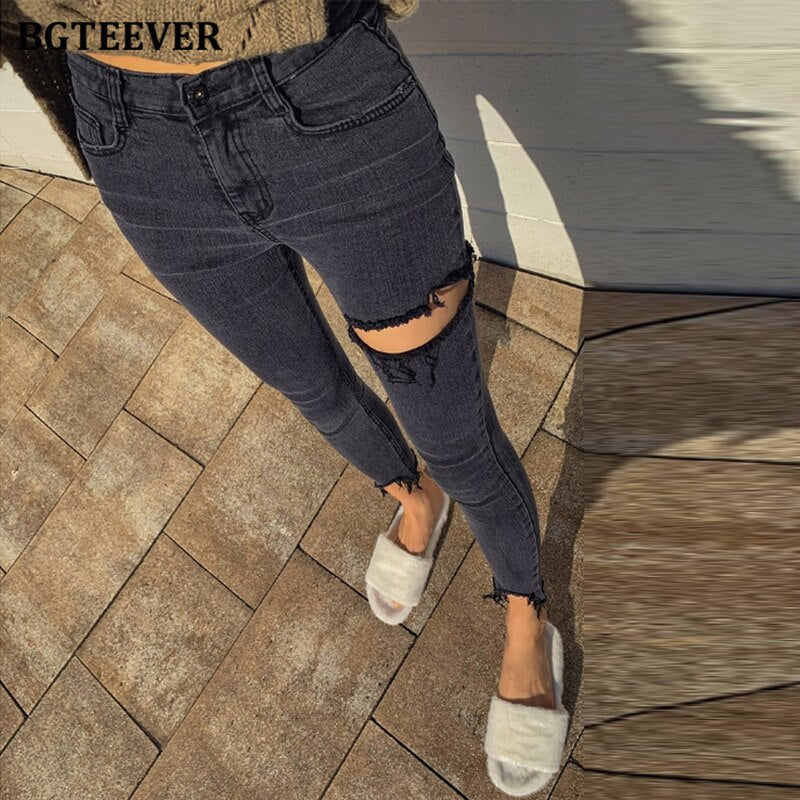 Irregular Ripped Holes Women Pencil Denim Jeans Stylish High Waist Stretched