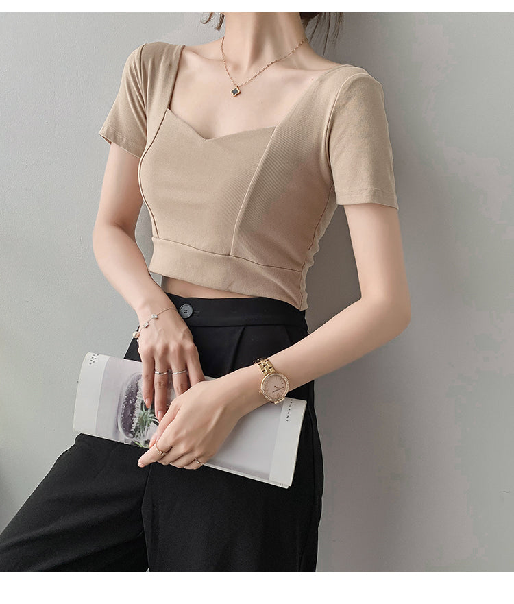 French Clavicle Square Collar Tops Women High Waist Croped Top Short Sleeve T-shirt Female