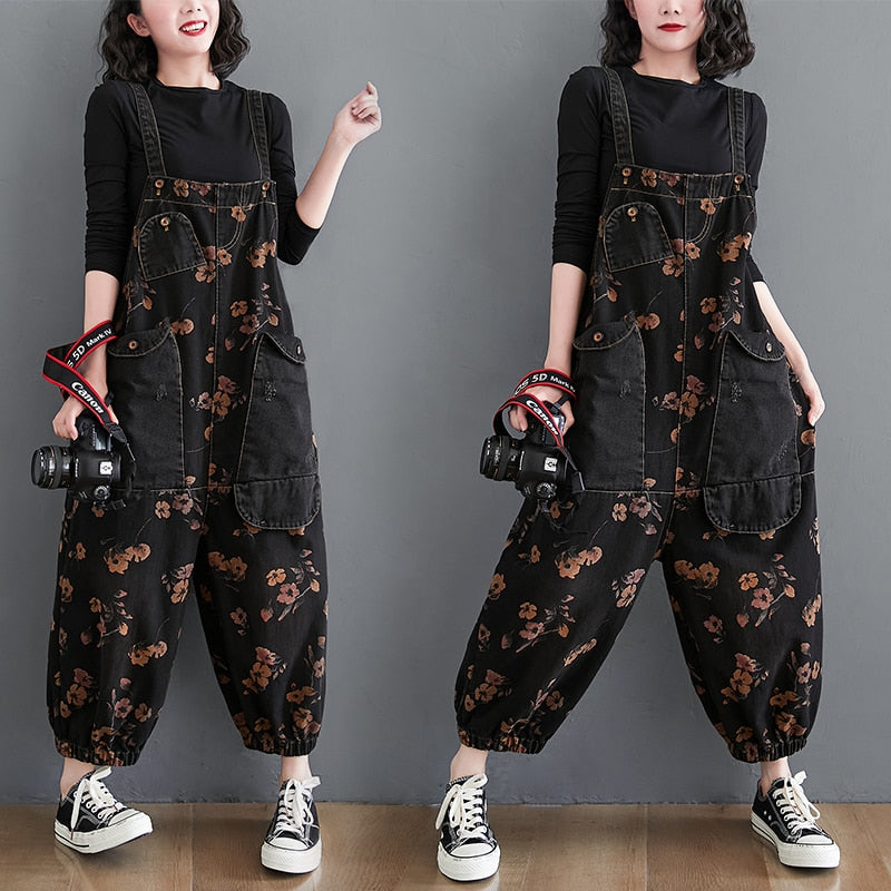 Lose Jeans Schwarzer Overall Lässige Damen Große Taschen Drucken Floral Denim Overalls Träger Strampler