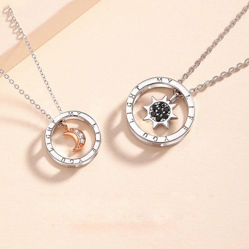 couple silver color ring sun and moon two-color pendant necklace jewelry gift