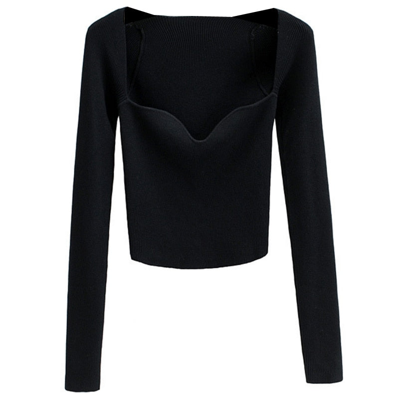 Magliette lavorate a maglia con scollo quadrato vintage francese da donna T-shirt pullover a maniche lunghe skinny da donna