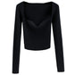 Magliette lavorate a maglia con scollo quadrato vintage francese da donna T-shirt pullover a maniche lunghe skinny da donna