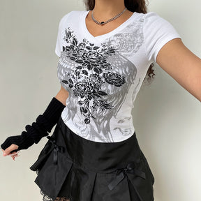 Grunge Tshirts Fairycore Harajuku Graphic Print Gray Cute Casual Tshirts Streetwear Tops