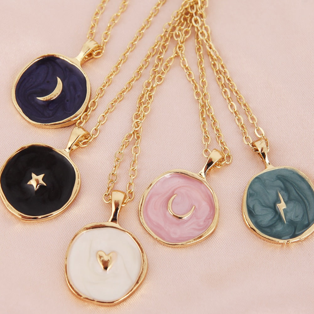 Colorful Moon Star Lightning Pendant Necklaces For Girls Enamel Fashion Jewelry