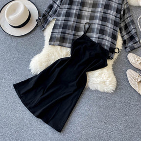 Two Piece Set Long Sleeve Plaid Grey Overcoats Spaghetti Strap Slim Dress