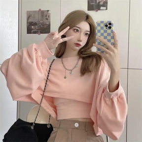 Autumn Two Piece Suit Hoodies Women Loose Bat Sleeve Tops Fashion Popular Crop Sweatshirts+Camis