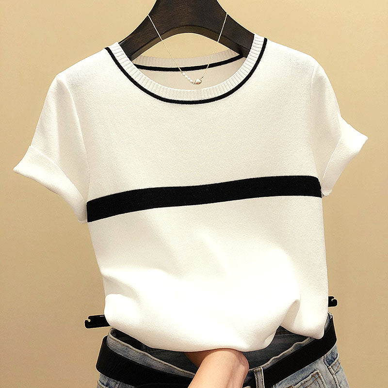 Thin Knitted T Shirt Women Short Sleeve Summer Tops Woman Clothes Striped Fashion T-Shirt