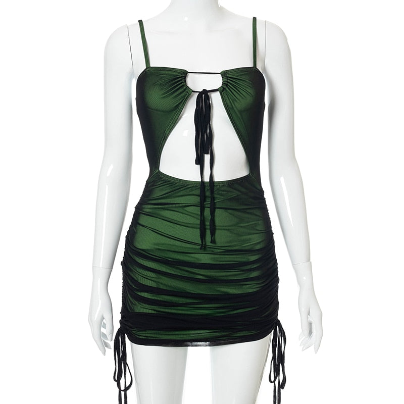 Women Mesh Bodycon Mini Green Dress Spaghetti Strap Lace Up Ruched Slim