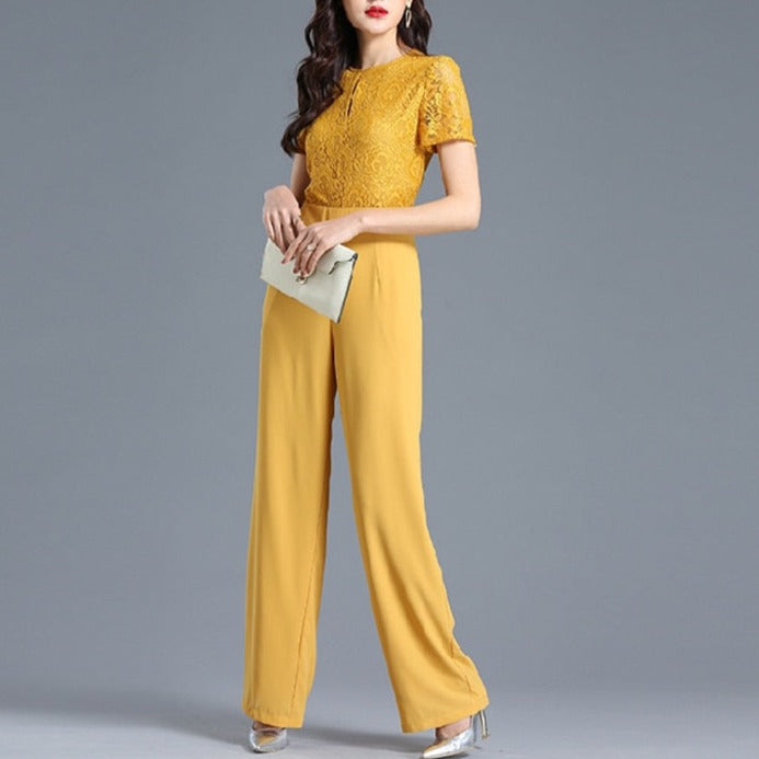 Lace Jumpsuit for Women 2022 Summer Short Sleeve Chiffon Wide Leg Rompers