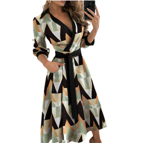 Spring Summer Lady Cover Up Women's Shirt Dress Wave Print Long Sleeve V-Neck Casual Dress Plus Size