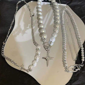 Perline luminose Collana con cuciture di perle Girocollo Croce Ciondolo Clavicola Gioielli per feste dolci