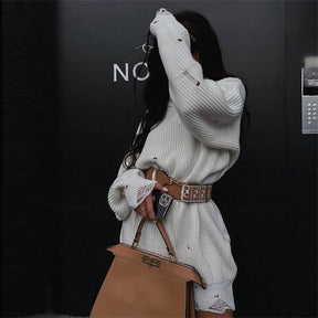 O Neck Oversized Mini Knitted Women Sweater Loose Dresses Autumn Winter Long Sleeve