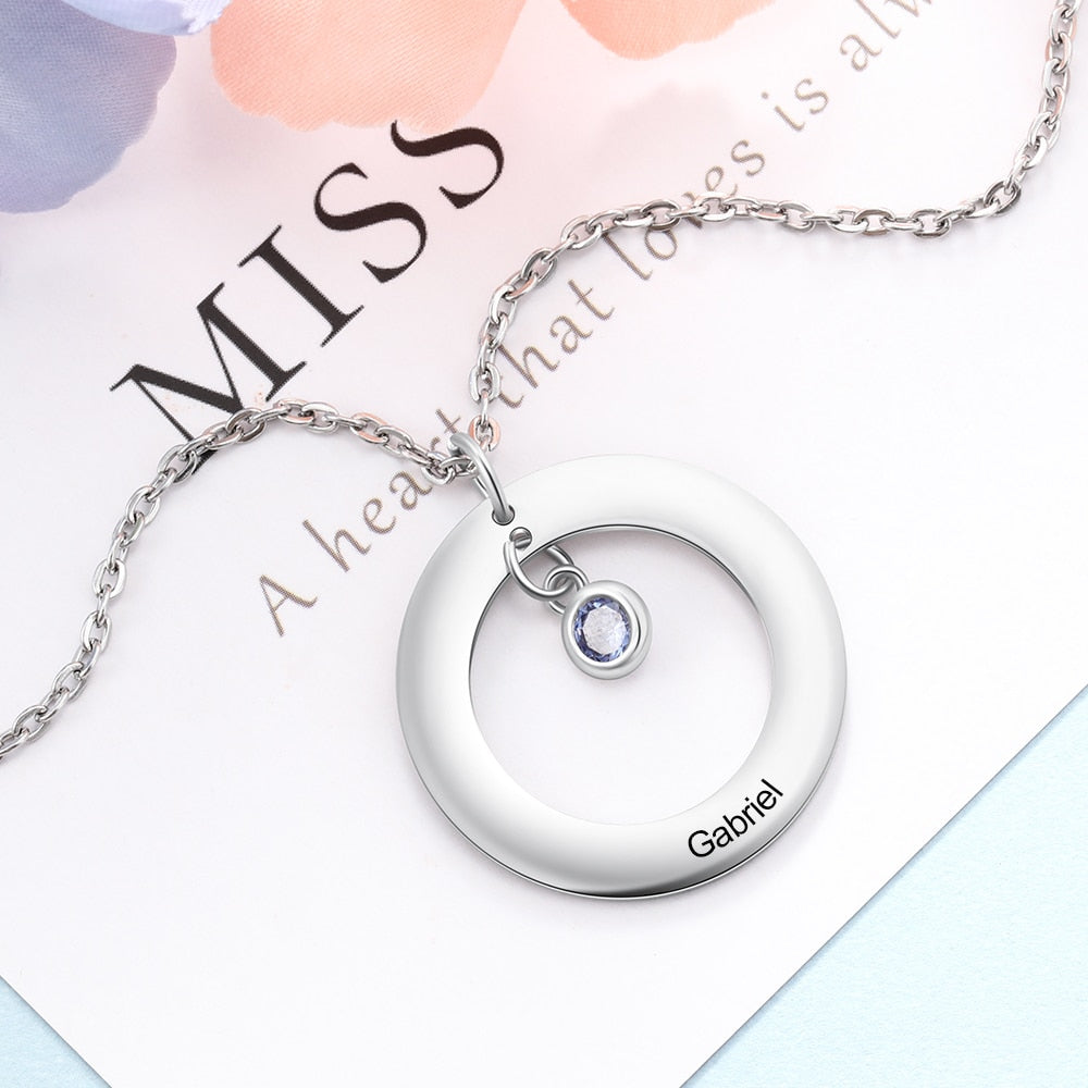 Circle Necklace with 1-3 Birthstones Custom Round Pendant Name Necklace