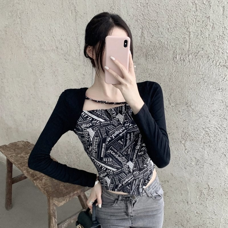 Letter Printed T-shirt Women Fake Two-piece Sexy Slim Long Sleeved Tops Female Cropped Tops