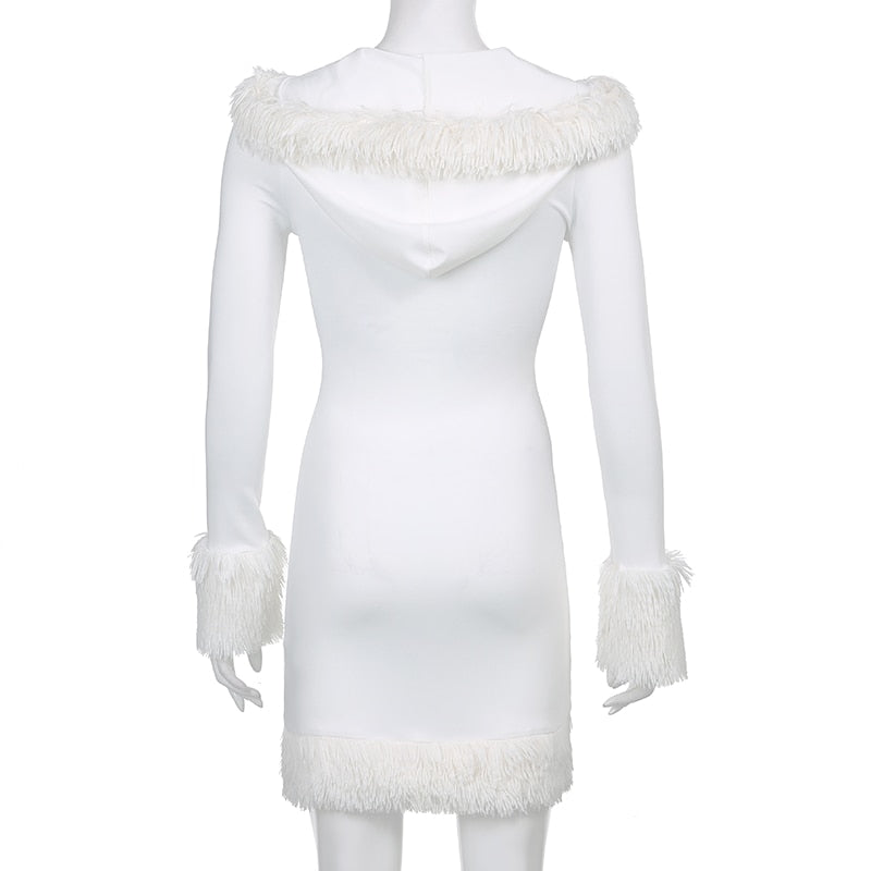 Furry White Bodycon Minikleider Damen Herbst Langarm Kleid mit V-Ausschnitt und Kapuze