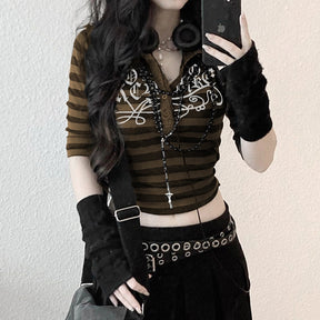 Goth Print Tops Stripe Cute T-Shirts Dark Academia Techwear Button Up V Neck Half Sleeve Sweat Shirts