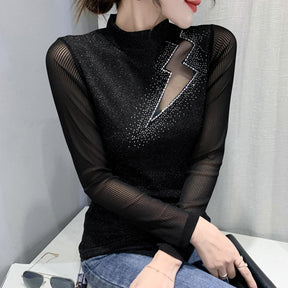 Women's Tops Shirt Casual Turtleneck Long Sleeve Hollow Out Hot Drilling Mesh T-Shirt