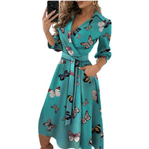 Spring Summer Lady Cover Up Women's Shirt Dress Wave Print Long Sleeve V-Neck Casual Dress Plus Size