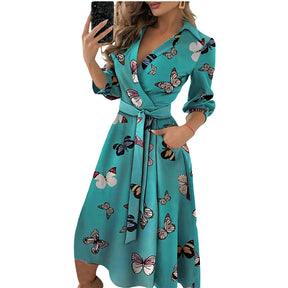 Frühlings-Sommer-Dame vertuschen Frauen-Hemd-Kleid-Wellen-Druck-Langarm-V-Ansatz-beiläufiges Kleid plus Größe