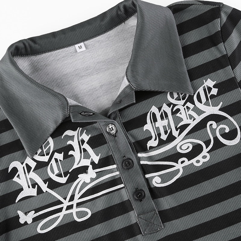 Goth Print Tops Stripe Cute T-Shirts Dark Academia Techwear Button Up V Neck Half Sleeve Sweat Shirts