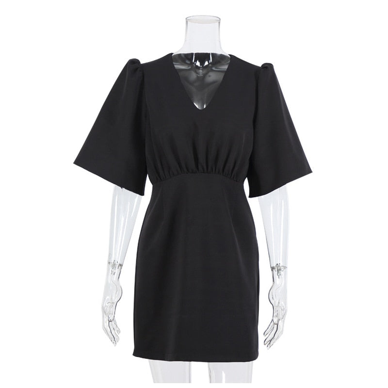 black short sleeve summer women dress 2022 Sexy V-neck solid High Street dress A-line mini Vestido