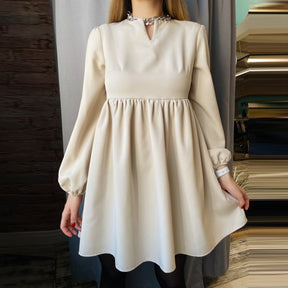 O-Neck Folds Lantern Sleeve Casual Dresses Autumn Solid Color A-Line Loose Comfort High Waist Dress