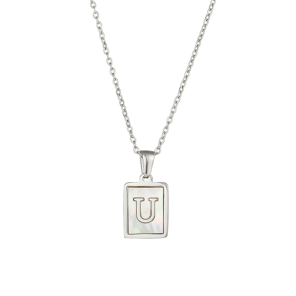 18K Golden Chain Necklaces Male Square Natural Shell Initial Letters Pendant Stainless Steel Jewelry