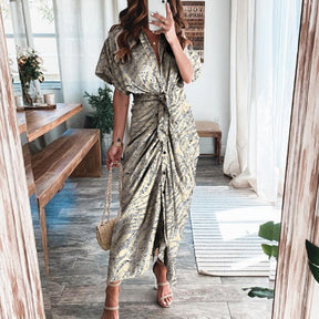 Women Summer Short Sleeve Slit Long Dress Turn-down Collar Elegant Button Draped Party Dresses