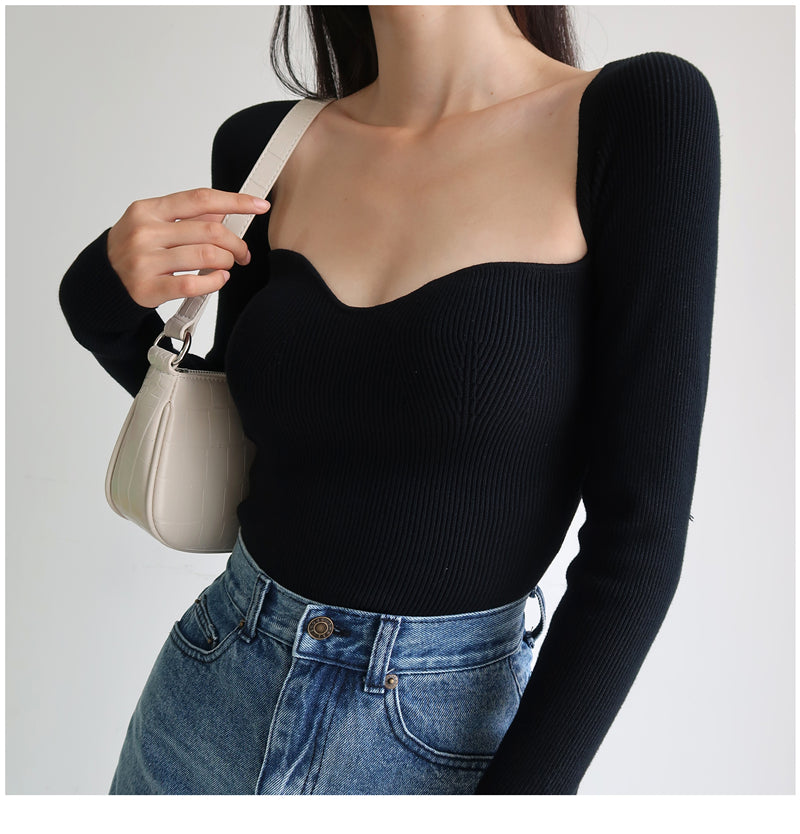 Magliette lavorate a maglia con scollo quadrato vintage francese da donna T-shirt pullover a maniche lunghe skinny da donna